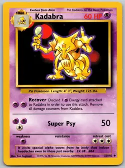 1999 Pokemon Base Set Unlimited Kadabra 32/102 Uncommon LP - Image 1