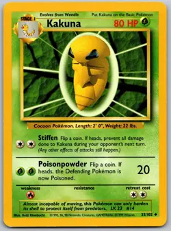 1999 Pokemon Base Set Unlimited Kakuna 33/102 Uncommon MP - Image 1