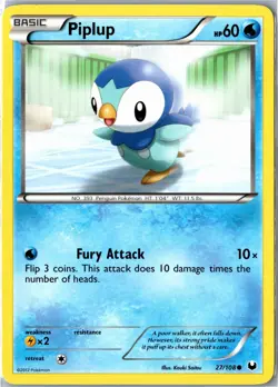Pokemon Card - Piplup Dark Explorers 27/108 2012 Common Moderately Played - Image 1