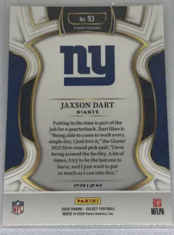 2025 Panini Select #93 Jaxson Dart Black and Red Prizm Shock Giants Rookie - Image 2