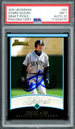 Ichiro Suzuki Auto 2001 Bowman Draft Picks RC 84 Mariners PSA 7 Sig 10 PSA/DNA - Image 1