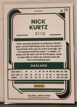 2026 Donruss Optic Baseball NICK KURTZ True Gold 7/10 #77 Athletics - Image 2