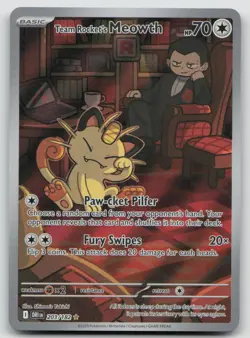 Team Rocket's Meowth 203/182 Illustration Rare Destined Rivals Pokemon Holo LP - Image 1