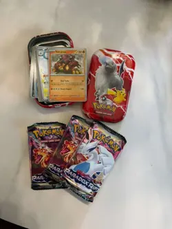 TRADING pokemon cards with metal box,25 cards plus 3 packs with 10 cards in each - Image 3