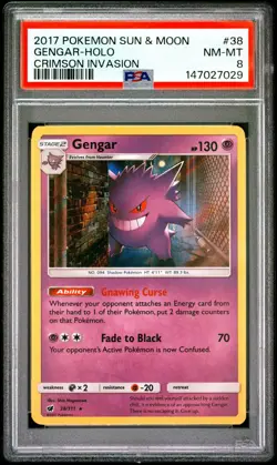 PSA 8 Gengar Holo Sun And Moon Crimson Invasion Pokemon Card 38/111 Near Mint - Image 1