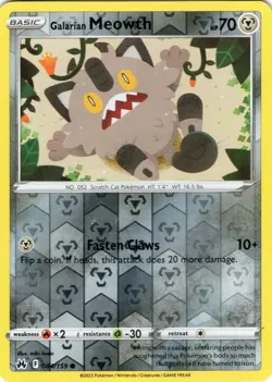 Galarian Meowth Reverse Holo 084/159 SWSH: Crown Zenith Common NM - Image 1