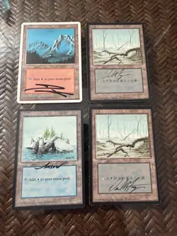 Mtg. Two Japanese Swamps. Ice Age Island. 4th Mountain. Signed. Played. - Image 1