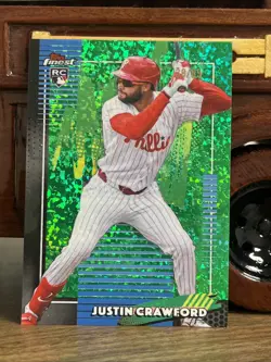 2026 Topps Finest Justin Crawford Green Mini DIAMONDS/99 Phillies RC #9 - Image 1