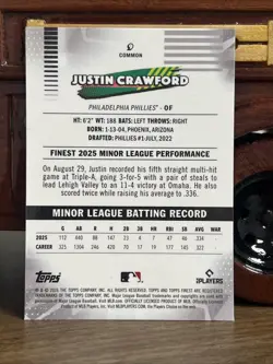 2026 Topps Finest Justin Crawford Green Mini DIAMONDS/99 Phillies RC #9 - Image 2