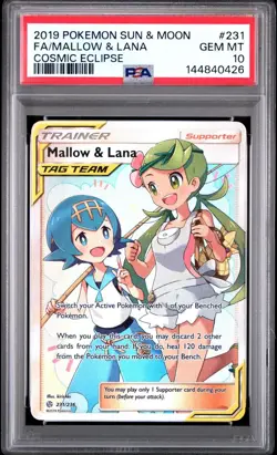 Mallow and Lana Full Art Pokemon Cosmic Eclipse Tag Team 231/236 PSA 10 - Image 1