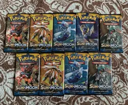 9x Pokemon Sun and Moon Base Booster Pack Lot Factory Sealed Unweighed 1/4 Box - Image 1