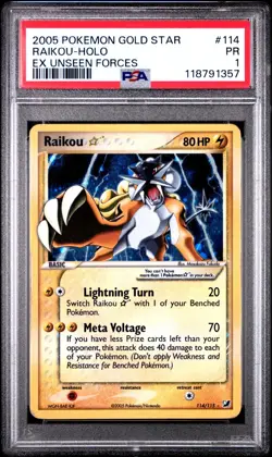 PSA 1 PR 2005 Pokemon GOLD STAR EX Unseen Forces SHINY Raikou Holo Foil 114/115 - Image 1