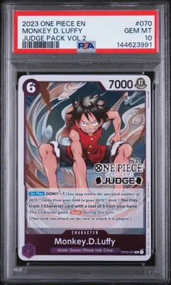 MONKEY D LUFFY OP03-070 JUDGE STAMP, PSA 10 GEM MINT, 2023 ONE PIECE CARD GAME - Image 1