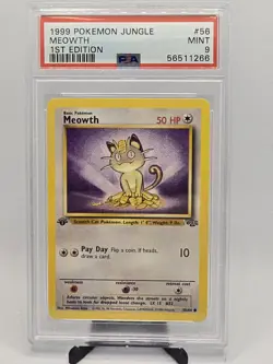 POKEMON TCG Meowth Jungle 1st Edition 56/64 PSA 9 Mint Graded Card 1999 Vintage - Image 1