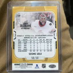 2025-26 O-Pee-Chee Platinum Linus Ullmark Seismic Gold #'d 50/50 bookend - Image 2