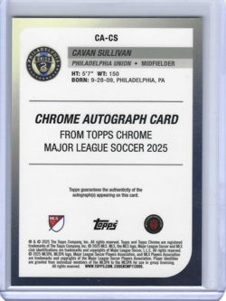 2025 Topps Chrome MLS Cavan Sullivan Aqua RC Rookie Auto /199 CA-CS - Image 2