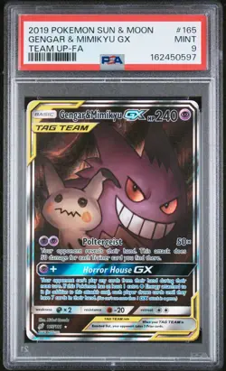 2019 POKEMON SUN & MOON TEAM UP #165 FULL ART/GENGAR & MIMIKYU GX PSA 9 - Image 1