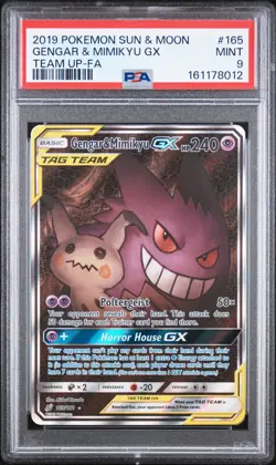 2019 POKEMON SUN & MOON TEAM UP #165 FULL ART/GENGAR & MIMIKYU GX PSA 9 - Image 1