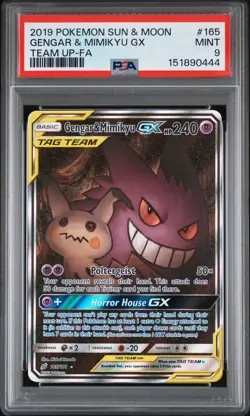 2019 POKEMON SUN & MOON TEAM UP #165 FULL ART/GENGAR & MIMIKYU GX PSA 9 - Image 1
