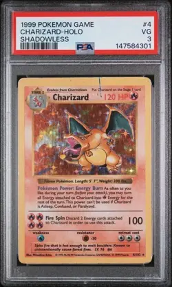 1999 POKEMON BASE SET SHADOWLESS #4 CHARIZARD-HOLO PSA 3 - Image 1
