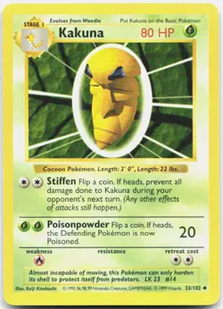 Kakuna 33/102 Uncommon Base Set Shadowless Pokemon Unlimited Lightly Played - Image 1