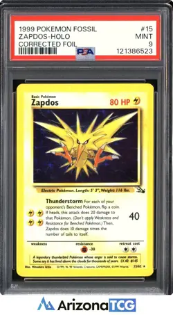 Pokemon 1999 Zapdos 15/62 Holo Corrected Foil Fossil PSA 9 - Image 1
