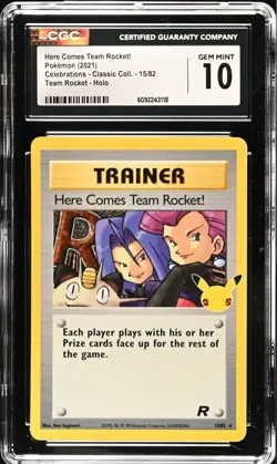 CGC 10 GEM MINT Here Comes Team Rocket! 15/82 Celebrations Classic 25th Pokemon - Image 1