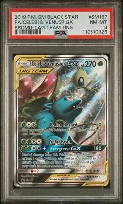 PSA 8 MINT 2019 POKEMON BLACK STAR PROMO #SM167 CELEBI VENUSAUR GX TAG TEAM TINS - Image 1