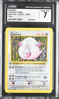 CGC 7 NEAR MINT Chansey 3/102 Base Set 1st Edition Shadowless Holo Pokemon Card - Image 1