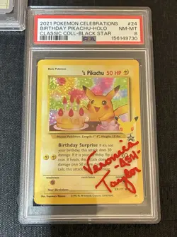 Pikachu 24 (Veronica Taylor on Slab Auto) Pokemon TCG PSA 8 25th Celebrations - Image 1