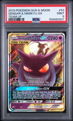 2019 POKEMON SUN & MOON TEAM UP #53 GENGAR & MIMIKYU GX PSA 9 - Image 1