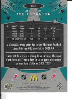 2009-10 UPPER DECK MCDONALDS HOCKEY "IN THE SPOTLIGHT" #IS3 JOE THORNTON HOF - Image 2
