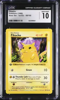 CGC 10 Pikachu Base Set 1st Edition Shadowless Yellow Cheeks Pokemon 1999 - Image 1