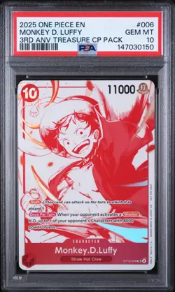 2025 ONE PIECE 3RD ANNIVERSARY TREASURE CAMPAIGN PACK 006 MONKEY D. LUFFY PSA 10 - Image 1