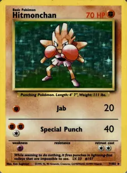 Hitmonchan 7/102 Holo Rare Base Set Unlimited Pokemon Heavily Played - Image 1