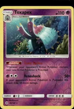 Pokemon Toxapex 63/149 Sun Moon Base Set Reverse Holo Rare - Image 1