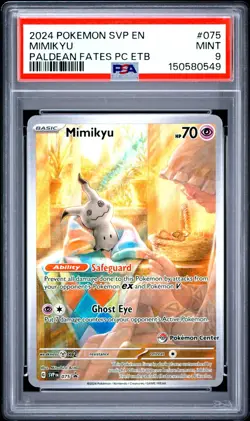 PSA 9 Mint Mimikyu SVP 075 2024 Paldean Fates PC ETB Pokemon Card - Image 1