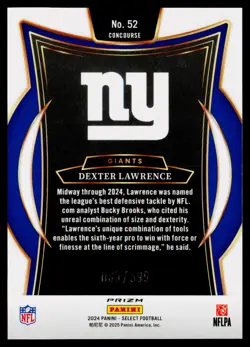 2024 Panini Select #52 Dexter Lawrence Neon Green Prizm Shock #/599 E17 - Image 2