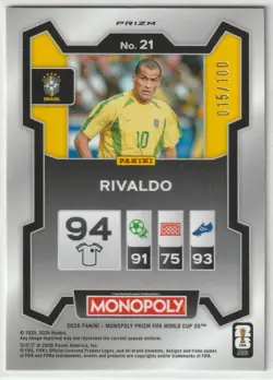 2026 Panini Prizm Monopoly World Cup Rivaldo Red Big Money Shimmer /100 #21 - Image 2