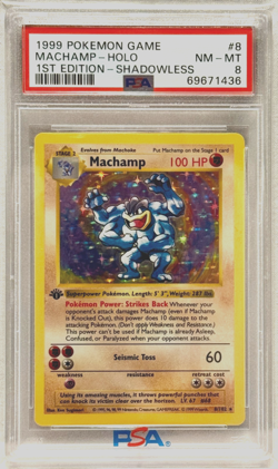 1999 POKEMON GAME BASE SET 1ST EDITION SHADOWLESS #8 MACHAMP HOLO PSA 8 CARD - Image 1