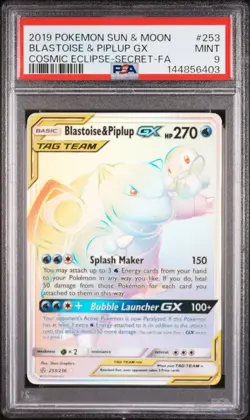 2019 Pokemon SM Cosmic Eclipse Rainbow Rare Blastoise & Piplup GX #253 PSA 9 - Image 1
