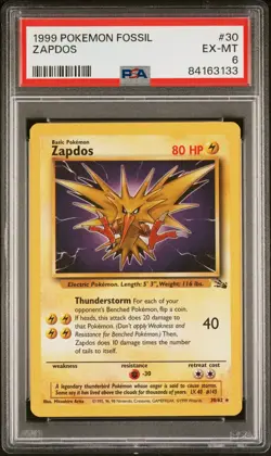 PSA 6 EX-MT Graded Pokemon Zapdos Fossil 30/62 Regular Unlimited Rare Non Holo - Image 1