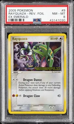 2005 POKEMON EX EMERALD #9 RAYQUAZA-REVERSE FOIL PSA 8 - Image 1
