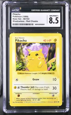 1999 Pokemon TCG Pikachu Shadowless Red Cheeks Base Set 58/102 CGC 8.5 NM/MINT+ - Image 1