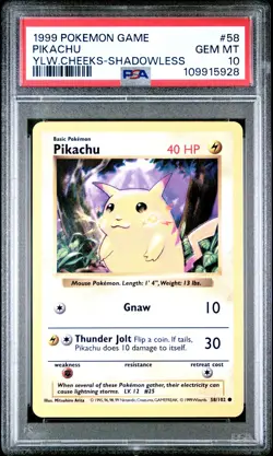 1999 POKEMON GAME YELLOW CHEEKS-SHADOWLESS #58 PIKACHU PSA 10 - Image 1
