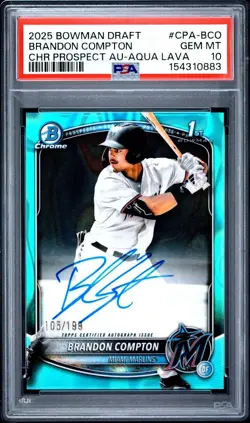 PSA 10 GM 2025 Bowman Draft Brandon Compton Chrome Auto Aqua Lava Ref 1st #/199 - Image 1