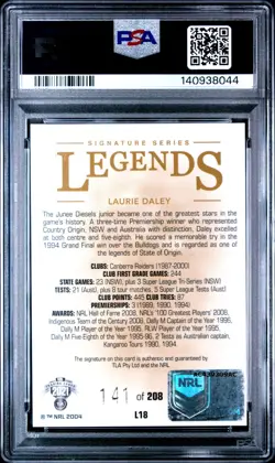 LAURIE DALEY *PSA* NRL Traders 2021 Legend Signature L18 #141/208 - Image 2