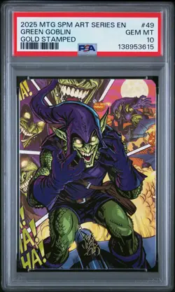 2025 MTG MARVEL'S SPIDER-MAN ART SERIES GOLD STAMPED #49 GREEN GOBLIN PSA 10 - Image 1
