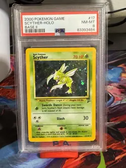 Pokemon TCG Scyther 017/130 Base Set 2 Holo Unlimited 2000 PSA 8 - Image 1