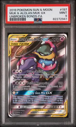 2019 POKEMON SUN & MOON UNBROKEN BONDS #197 FULL ART/MUK & ALOLAN MUK GX PSA 9 - Image 1